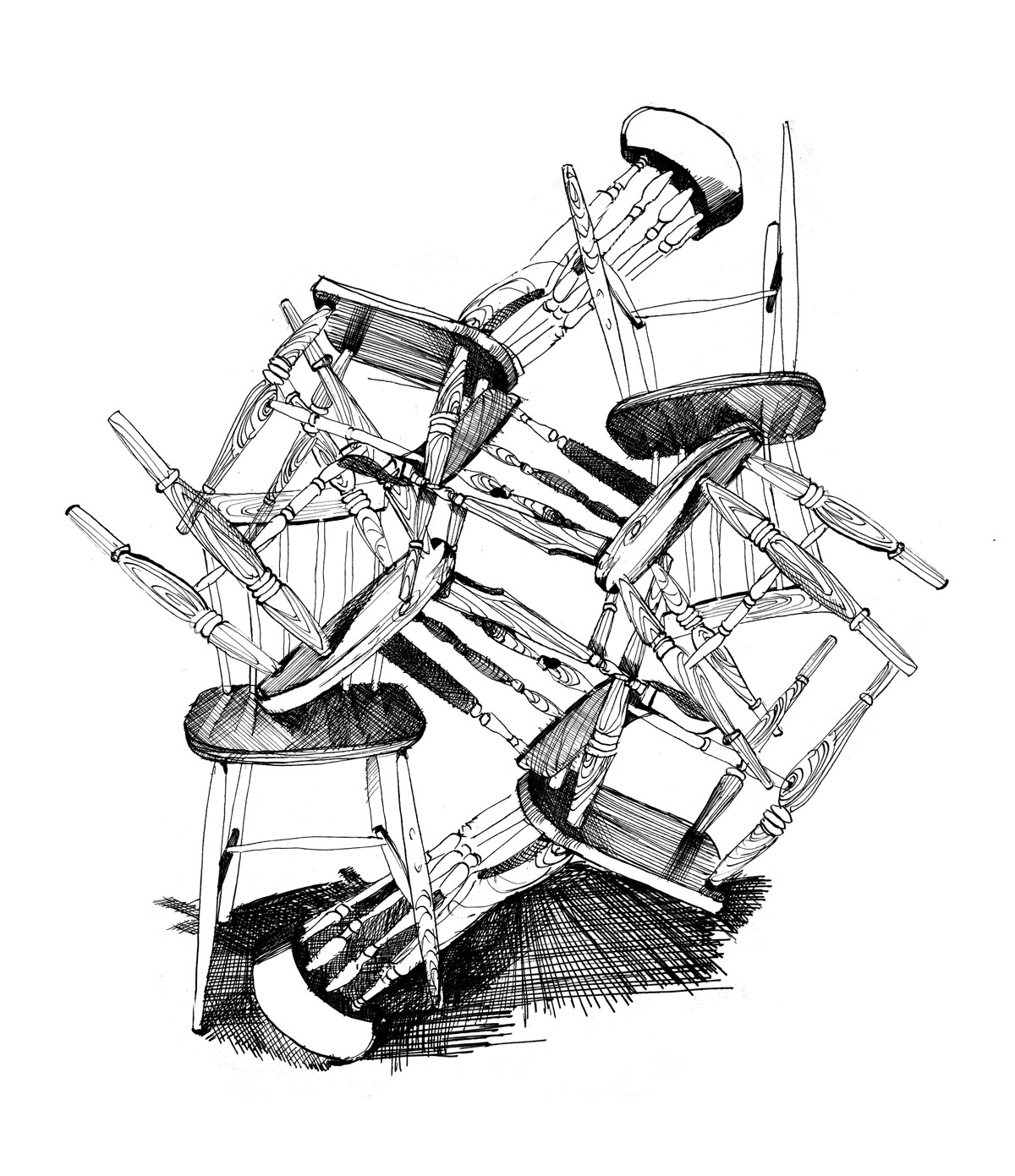 Drawing of a messy stack of chairs (artwork by Lucy Scott)