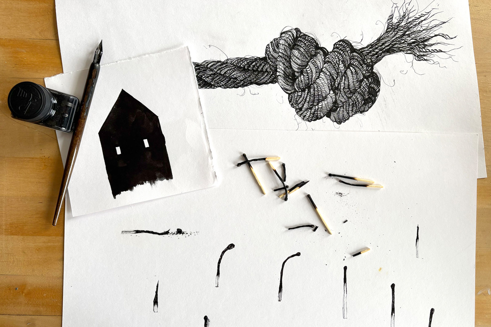 A collection of sketches and artwork for the story The Builder. (Artwork by Lucy Scott.)