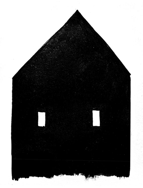 Drawing of a house with small, piggy-eyed windows. (Artwork by Lucy Scott.)