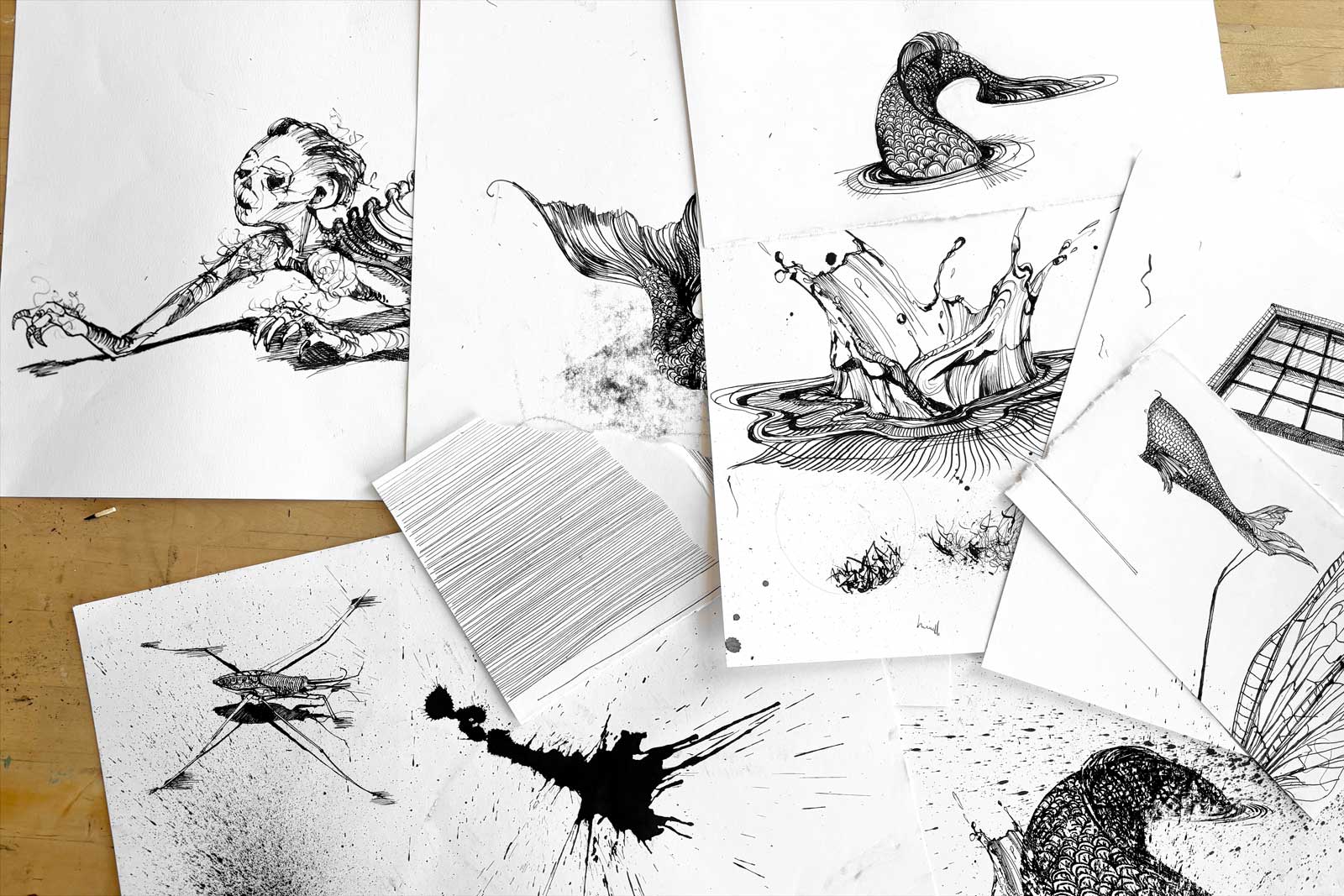 A collection of sketches and artwork for the story What My Father Left Behind. (Artwork by Lucy Scott.)